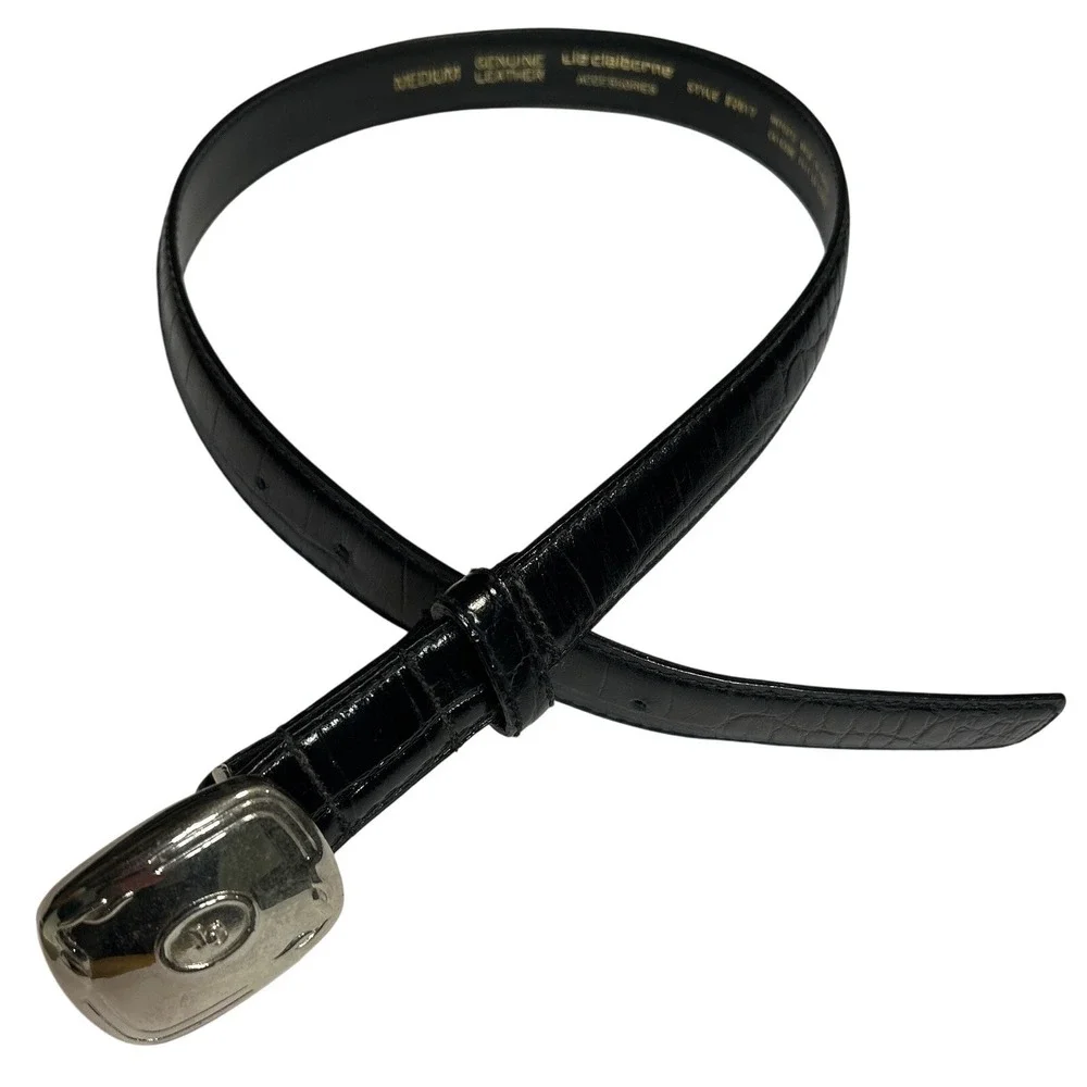 Liz Claiborne Croc Embossed Leather Belt Black Silver‎ Buckle Medium (26